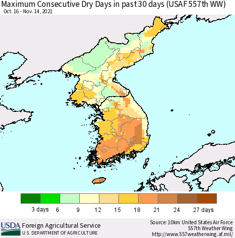 Korea Maximum Consecutive Dry Days in past 30 days (USAF 557th WW) 11/14/2021 Thematic Map For 11/8/2021 - 11/14/2021