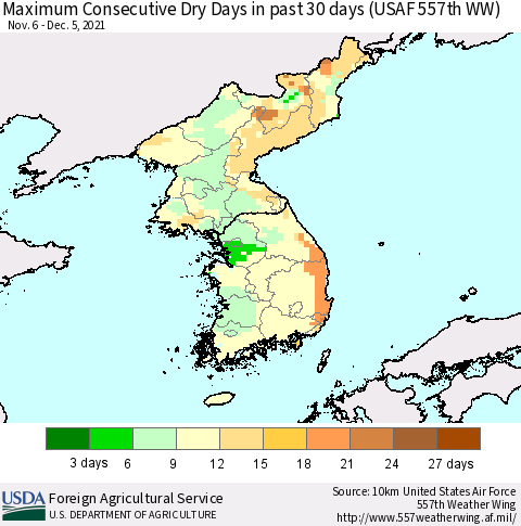 Korea Maximum Consecutive Dry Days in past 30 days (USAF 557th WW) 12/05/2021 Thematic Map For 11/29/2021 - 12/5/2021