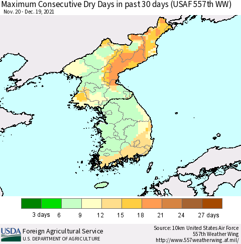 Korea Maximum Consecutive Dry Days in past 30 days (USAF 557th WW) 12/19/2021 Thematic Map For 12/13/2021 - 12/19/2021