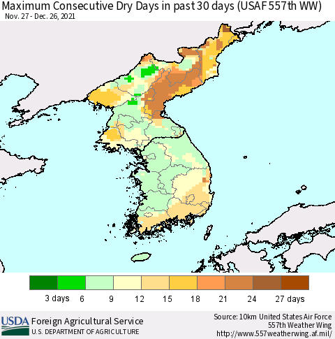 Korea Maximum Consecutive Dry Days in past 30 days (USAF 557th WW) 12/26/2021 Thematic Map For 12/20/2021 - 12/26/2021