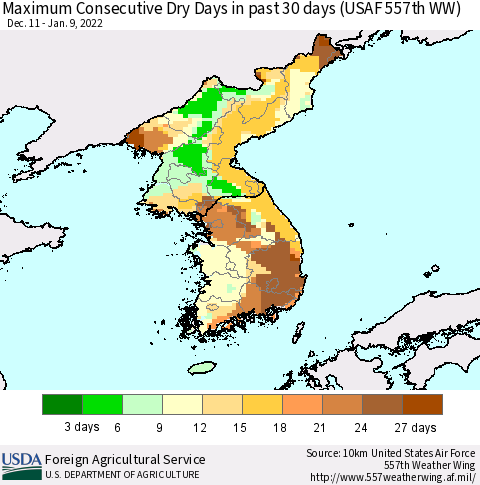 Korea Maximum Consecutive Dry Days in past 30 days (USAF 557th WW) 01/09/2022 Thematic Map For 1/3/2022 - 1/9/2022