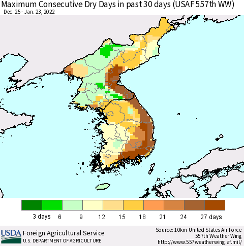 Korea Maximum Consecutive Dry Days in past 30 days (USAF 557th WW) 01/23/2022 Thematic Map For 1/17/2022 - 1/23/2022