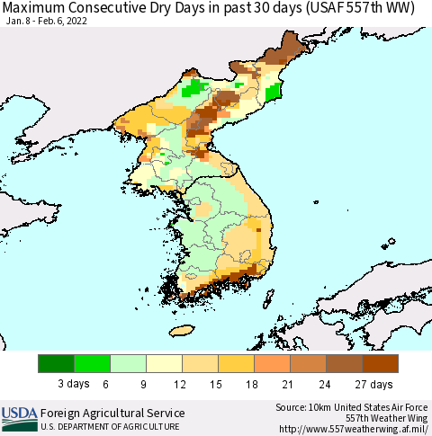 Korea Maximum Consecutive Dry Days in past 30 days (USAF 557th WW) 02/06/2022 Thematic Map For 1/31/2022 - 2/6/2022