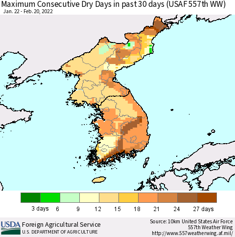Korea Maximum Consecutive Dry Days in past 30 days (USAF 557th WW) 02/20/2022 Thematic Map For 2/14/2022 - 2/20/2022