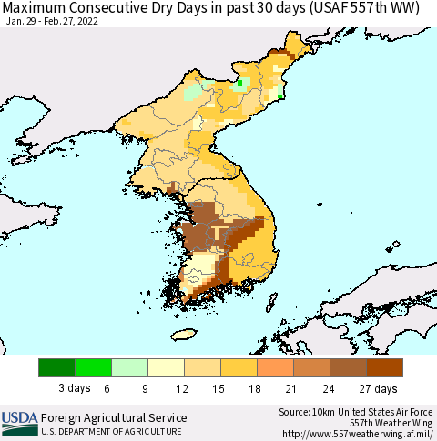 Korea Maximum Consecutive Dry Days in past 30 days (USAF 557th WW) 02/27/2022 Thematic Map For 2/21/2022 - 2/27/2022