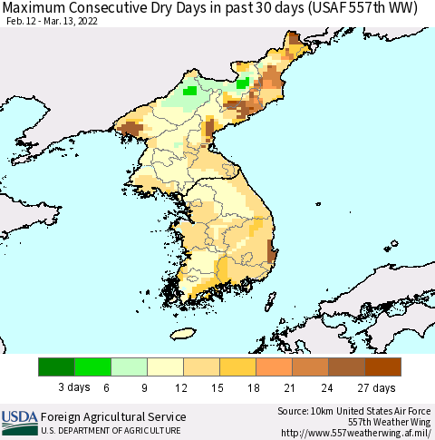 Korea Maximum Consecutive Dry Days in past 30 days (USAF 557th WW) 03/13/2022 Thematic Map For 3/7/2022 - 3/13/2022