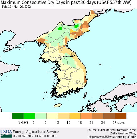 Korea Maximum Consecutive Dry Days in past 30 days (USAF 557th WW) 03/20/2022 Thematic Map For 3/14/2022 - 3/20/2022