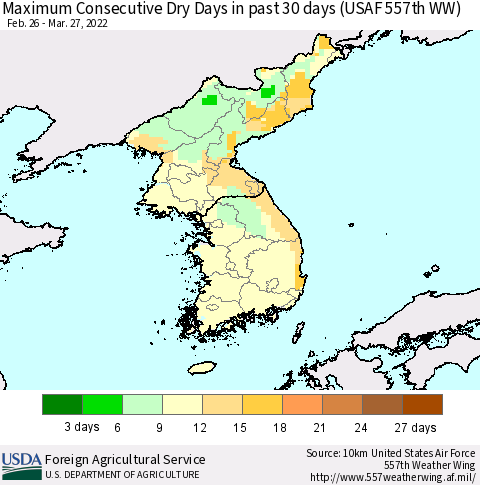 Korea Maximum Consecutive Dry Days in past 30 days (USAF 557th WW) 03/27/2022 Thematic Map For 3/21/2022 - 3/27/2022
