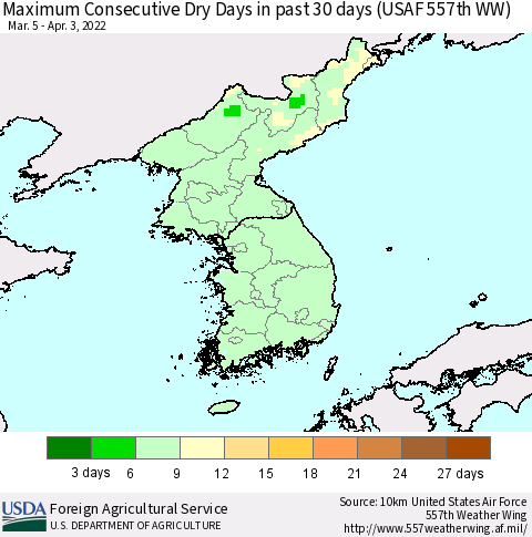 Korea Maximum Consecutive Dry Days in past 30 days (USAF 557th WW) 04/03/2022 Thematic Map For 3/28/2022 - 4/3/2022