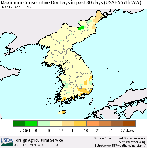 Korea Maximum Consecutive Dry Days in past 30 days (USAF 557th WW) 04/10/2022 Thematic Map For 4/4/2022 - 4/10/2022