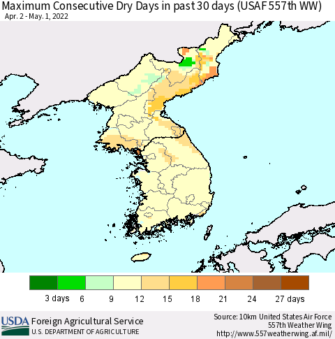 Korea Maximum Consecutive Dry Days in past 30 days (USAF 557th WW) 05/01/2022 Thematic Map For 4/25/2022 - 5/1/2022