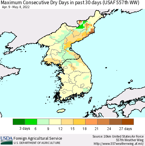 Korea Maximum Consecutive Dry Days in past 30 days (USAF 557th WW) 05/08/2022 Thematic Map For 5/2/2022 - 5/8/2022