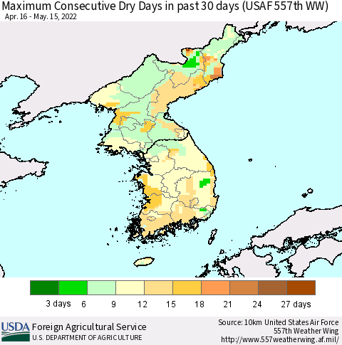 Korea Maximum Consecutive Dry Days in past 30 days (USAF 557th WW) 05/15/2022 Thematic Map For 5/9/2022 - 5/15/2022