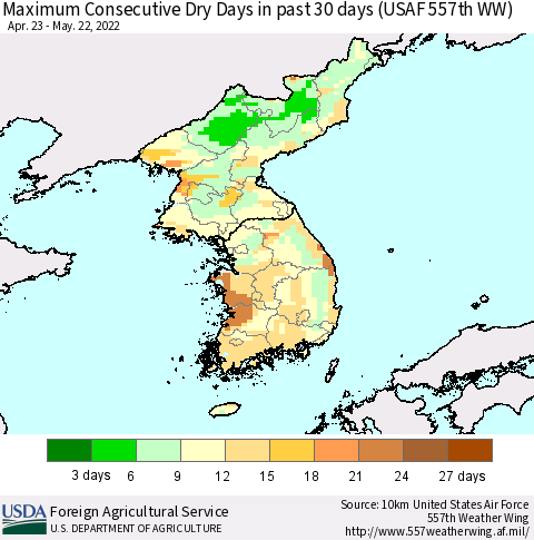 Korea Maximum Consecutive Dry Days in past 30 days (USAF 557th WW) 05/22/2022 Thematic Map For 5/16/2022 - 5/22/2022