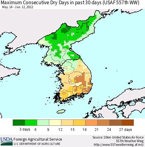 Korea Maximum Consecutive Dry Days in past 30 days (USAF 557th WW) 06/12/2022 Thematic Map For 6/6/2022 - 6/12/2022