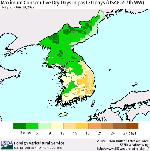 Korea Maximum Consecutive Dry Days in past 30 days (USAF 557th WW) 06/19/2022 Thematic Map For 6/13/2022 - 6/19/2022