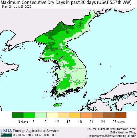 Korea Maximum Consecutive Dry Days in past 30 days (USAF 557th WW) 06/26/2022 Thematic Map For 6/20/2022 - 6/26/2022
