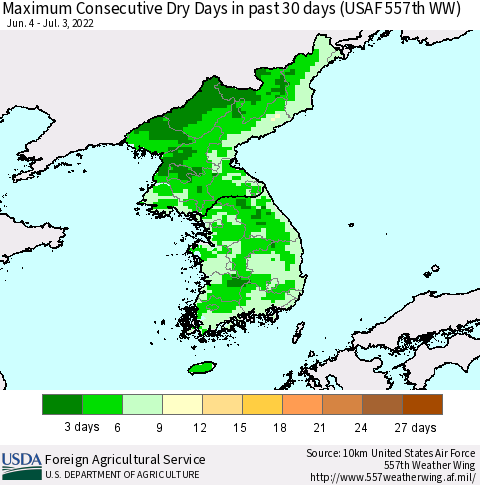 Korea Maximum Consecutive Dry Days in past 30 days (USAF 557th WW) 07/03/2022 Thematic Map For 6/27/2022 - 7/3/2022