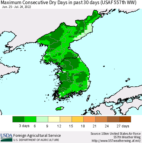 Korea Maximum Consecutive Dry Days in past 30 days (USAF 557th WW) 07/24/2022 Thematic Map For 7/18/2022 - 7/24/2022