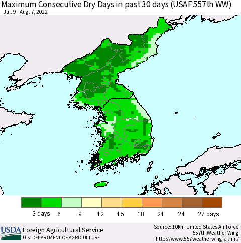 Korea Maximum Consecutive Dry Days in past 30 days (USAF 557th WW) 08/07/2022 Thematic Map For 8/1/2022 - 8/7/2022