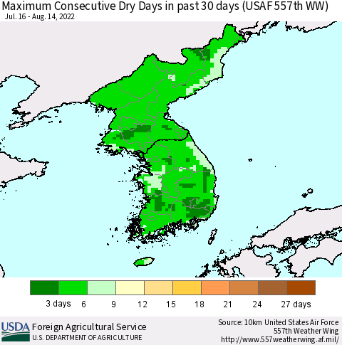 Korea Maximum Consecutive Dry Days in past 30 days (USAF 557th WW) 08/14/2022 Thematic Map For 8/8/2022 - 8/14/2022
