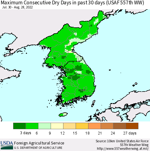Korea Maximum Consecutive Dry Days in past 30 days (USAF 557th WW) 08/28/2022 Thematic Map For 8/22/2022 - 8/28/2022