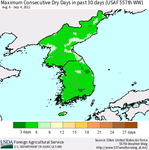 Korea Maximum Consecutive Dry Days in past 30 days (USAF 557th WW) 09/04/2022 Thematic Map For 8/29/2022 - 9/4/2022