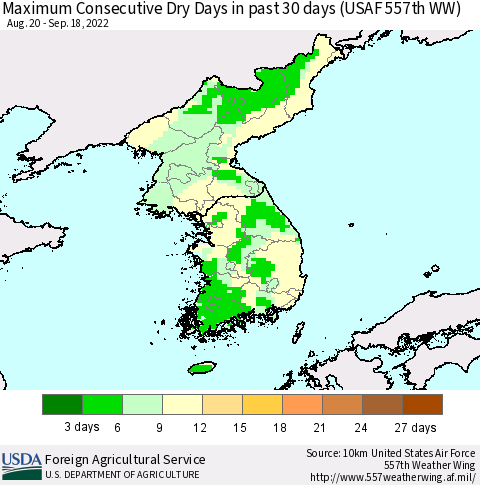 Korea Maximum Consecutive Dry Days in past 30 days (USAF 557th WW) 09/18/2022 Thematic Map For 9/12/2022 - 9/18/2022