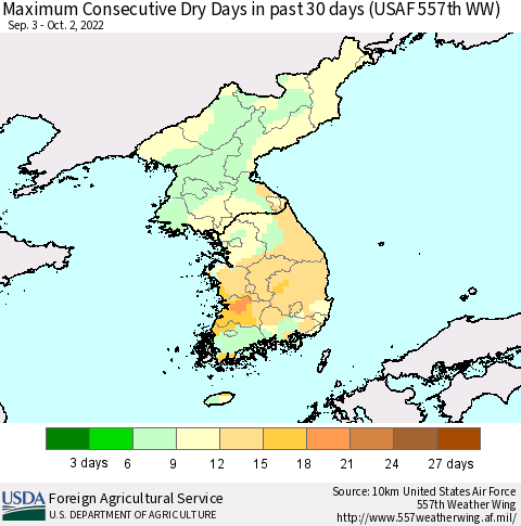 Korea Maximum Consecutive Dry Days in past 30 days (USAF 557th WW) 10/02/2022 Thematic Map For 9/26/2022 - 10/2/2022