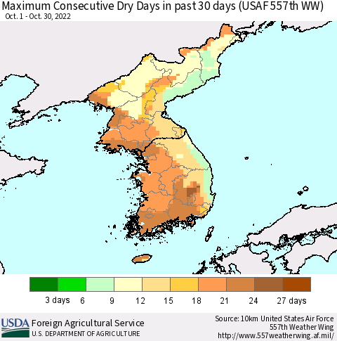 Korea Maximum Consecutive Dry Days in past 30 days (USAF 557th WW) 10/30/2022 Thematic Map For 10/24/2022 - 10/30/2022