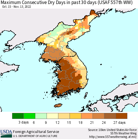 Korea Maximum Consecutive Dry Days in past 30 days (USAF 557th WW) 11/13/2022 Thematic Map For 11/7/2022 - 11/13/2022