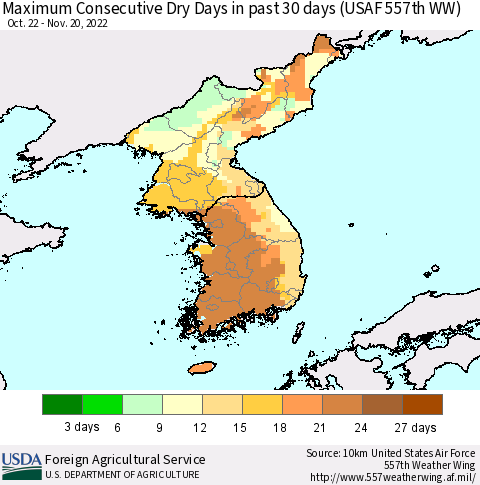 Korea Maximum Consecutive Dry Days in past 30 days (USAF 557th WW) 11/20/2022 Thematic Map For 11/14/2022 - 11/20/2022