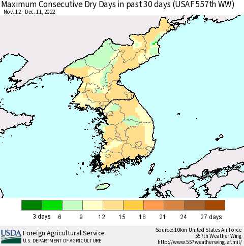 Korea Maximum Consecutive Dry Days in past 30 days (USAF 557th WW) 12/11/2022 Thematic Map For 12/5/2022 - 12/11/2022
