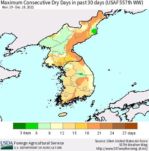 Korea Maximum Consecutive Dry Days in past 30 days (USAF 557th WW) 12/18/2022 Thematic Map For 12/12/2022 - 12/18/2022