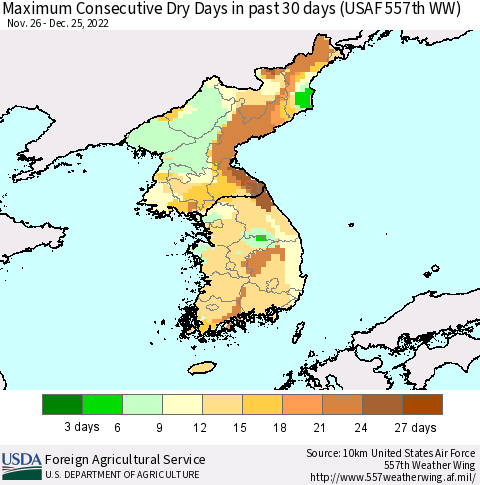 Korea Maximum Consecutive Dry Days in past 30 days (USAF 557th WW) 12/25/2022 Thematic Map For 12/19/2022 - 12/25/2022