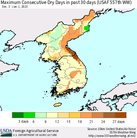 Korea Maximum Consecutive Dry Days in past 30 days (USAF 557th WW) 01/01/2023 Thematic Map For 12/26/2022 - 1/1/2023