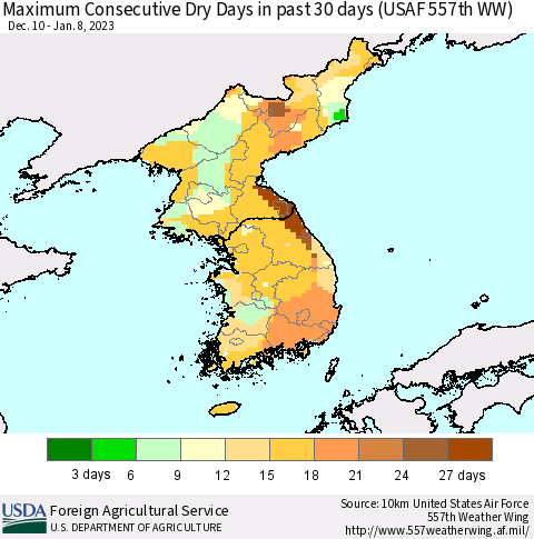 Korea Maximum Consecutive Dry Days in past 30 days (USAF 557th WW) 01/08/2023 Thematic Map For 1/2/2023 - 1/8/2023