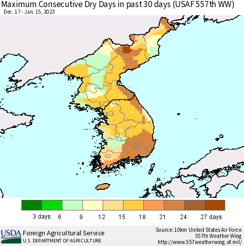 Korea Maximum Consecutive Dry Days in past 30 days (USAF 557th WW) 01/15/2023 Thematic Map For 1/9/2023 - 1/15/2023