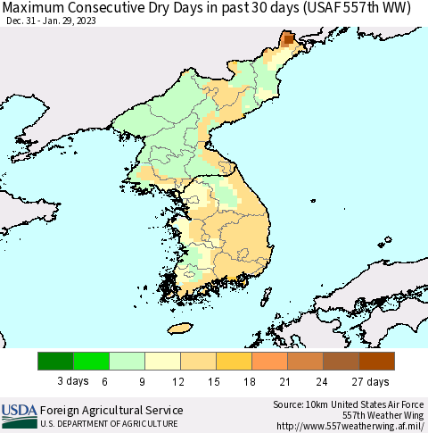 Korea Maximum Consecutive Dry Days in past 30 days (USAF 557th WW) 01/29/2023 Thematic Map For 1/23/2023 - 1/29/2023