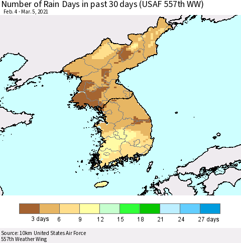 Korea Number of Rain Days in past 30 days (USAF 557th WW) 03/05/2021 Thematic Map For 3/1/2021 - 3/5/2021
