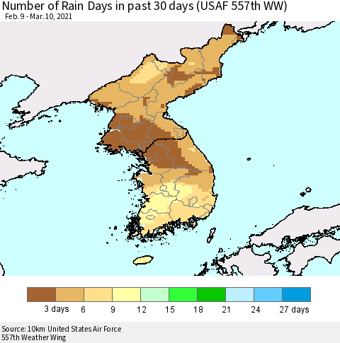 Korea Number of Rain Days in past 30 days (USAF 557th WW) 03/10/2021 Thematic Map For 3/6/2021 - 3/10/2021