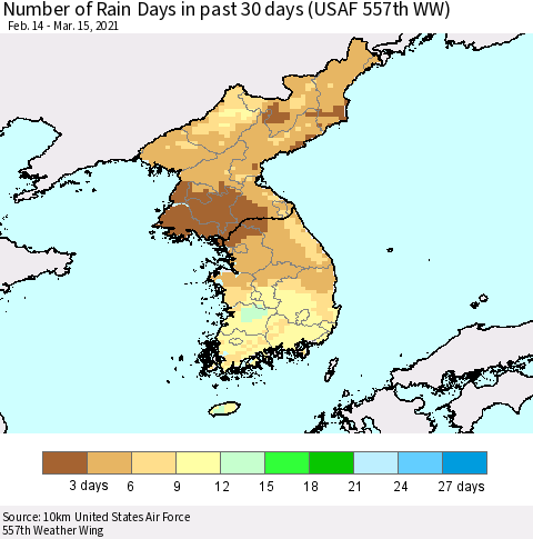 Korea Number of Rain Days in past 30 days (USAF 557th WW) 03/15/2021 Thematic Map For 3/11/2021 - 3/15/2021
