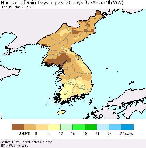 Korea Number of Rain Days in past 30 days (USAF 557th WW) 03/20/2021 Thematic Map For 3/16/2021 - 3/20/2021