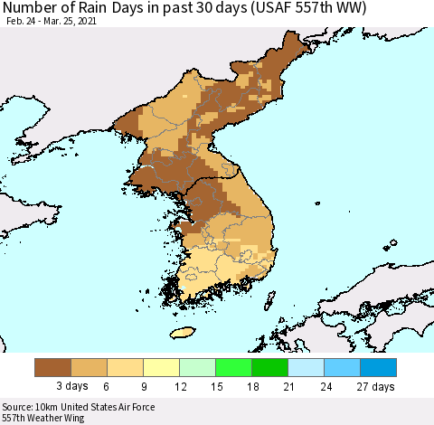 Korea Number of Rain Days in past 30 days (USAF 557th WW) 03/25/2021 Thematic Map For 3/21/2021 - 3/25/2021