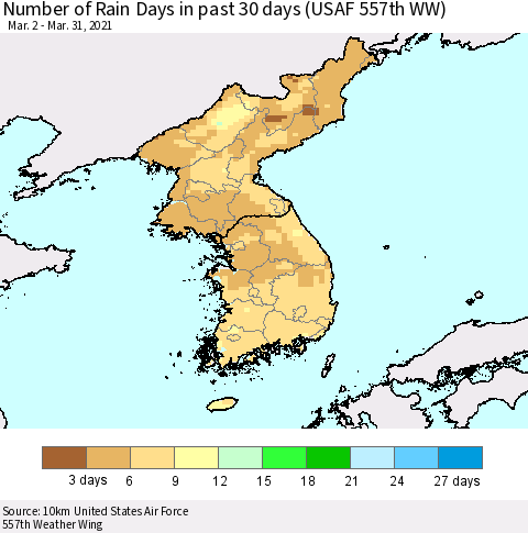 Korea Number of Rain Days in past 30 days (USAF 557th WW) 03/31/2021 Thematic Map For 3/26/2021 - 3/31/2021