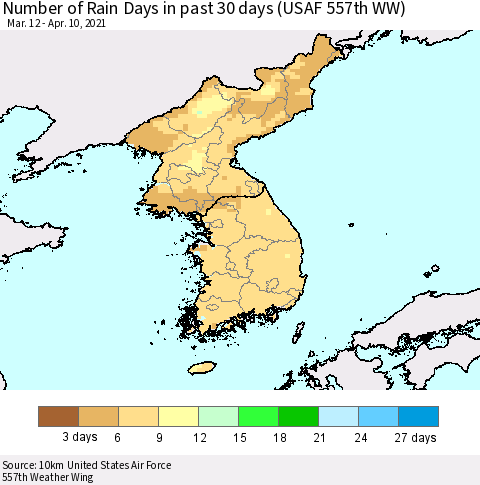 Korea Number of Rain Days in past 30 days (USAF 557th WW) 04/10/2021 Thematic Map For 4/6/2021 - 4/10/2021