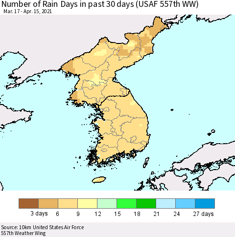 Korea Number of Rain Days in past 30 days (USAF 557th WW) 04/15/2021 Thematic Map For 4/11/2021 - 4/15/2021