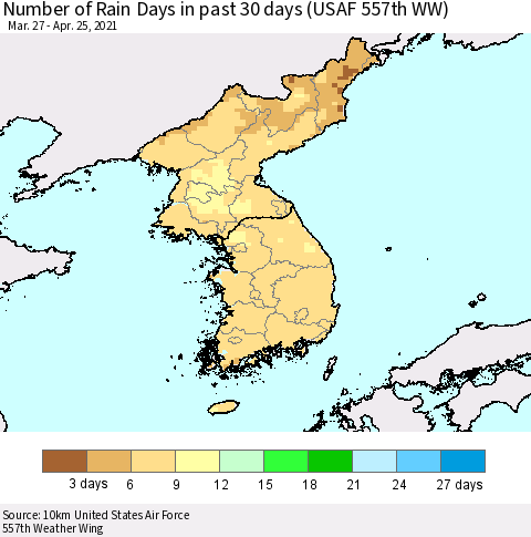 Korea Number of Rain Days in past 30 days (USAF 557th WW) 04/25/2021 Thematic Map For 4/21/2021 - 4/25/2021