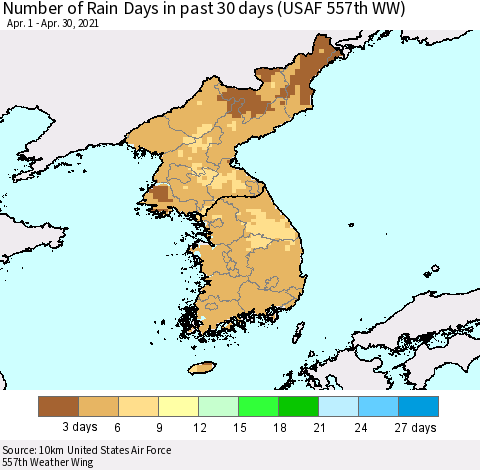 Korea Number of Rain Days in past 30 days (USAF 557th WW) 04/30/2021 Thematic Map For 4/26/2021 - 4/30/2021