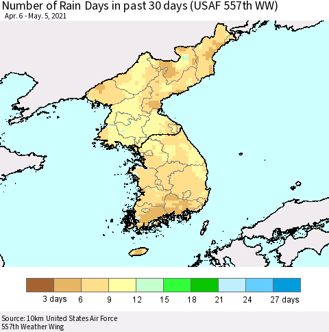 Korea Number of Rain Days in past 30 days (USAF 557th WW) 05/05/2021 Thematic Map For 5/1/2021 - 5/5/2021